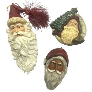 Set Of 3 Vtg Napco Wooden Santa Claus & Resin Santa Head Figurine Ornaments